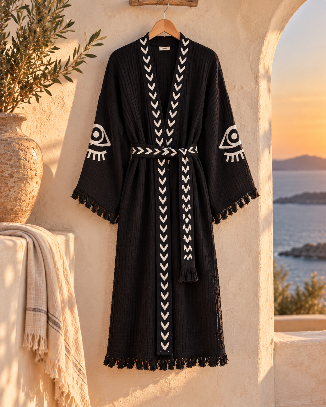Musselin Kimono Damen Schwarz | Bademantel Morgenmantel | Handbedruckt | Bio-Baumwolle | OEKO-TEX®