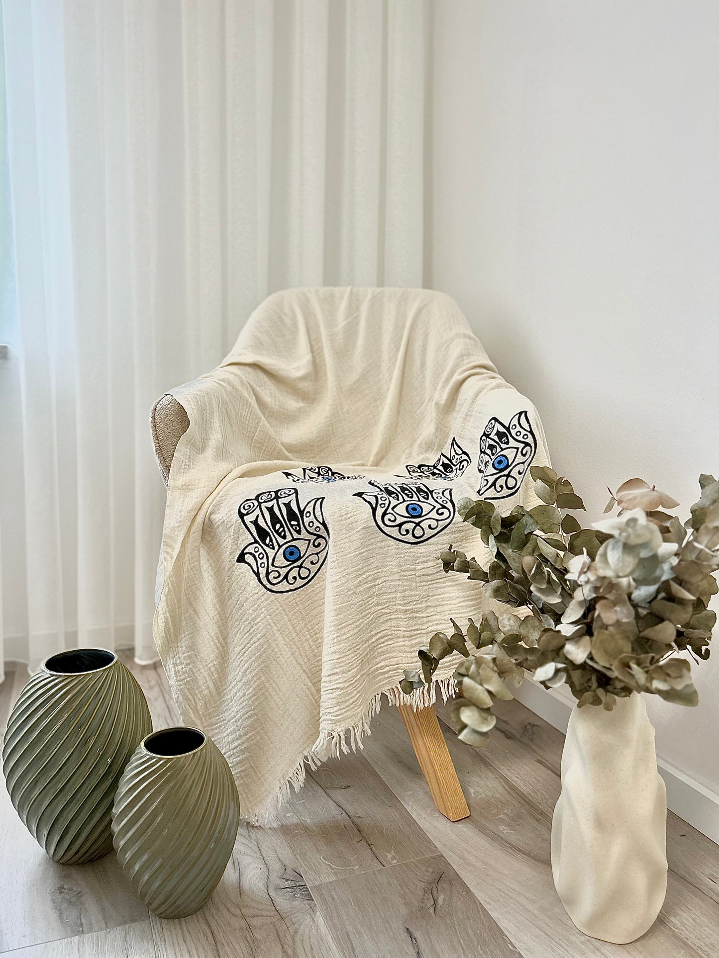 Musselin Strandtuch | 100 % Bio-Baumwolle | Hamsa-Motiv