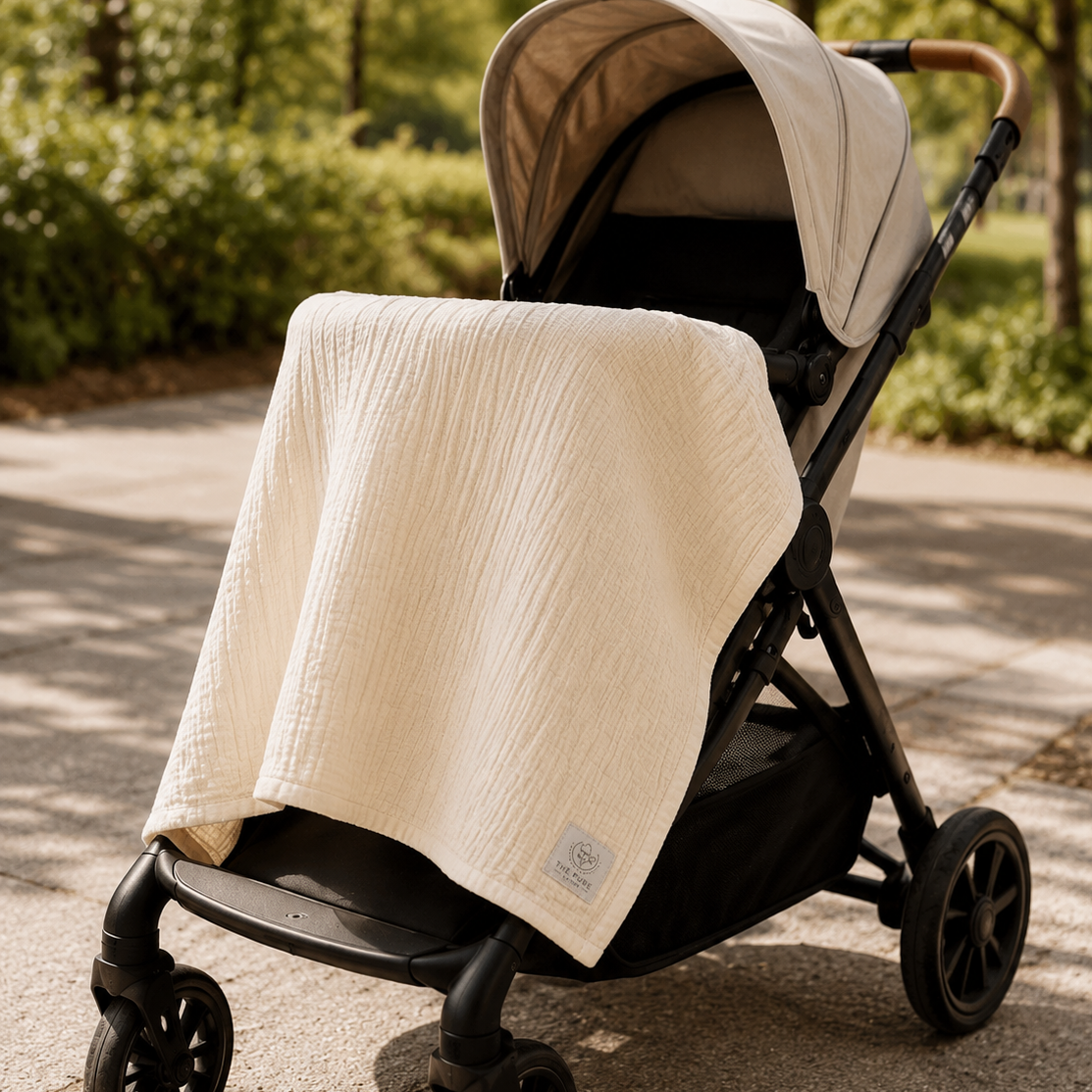 Musselin Babydecke | Kuscheldecke | Kinderwagendecke | Beige | 100 % Bio-Baumwolle