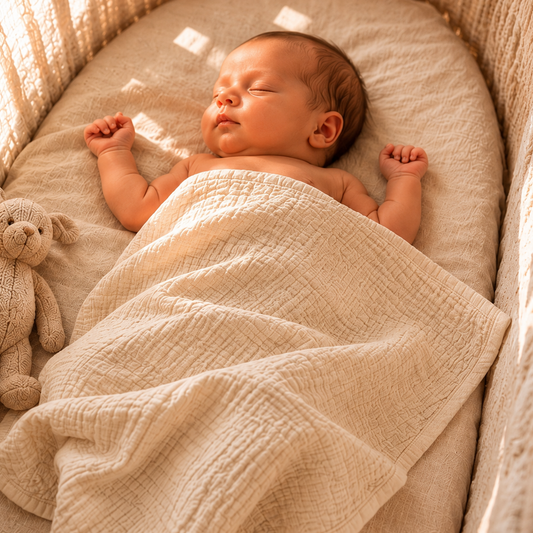 Musselin Babydecke | Kuscheldecke | Kinderwagendecke | Beige | 100 % Bio-Baumwolle