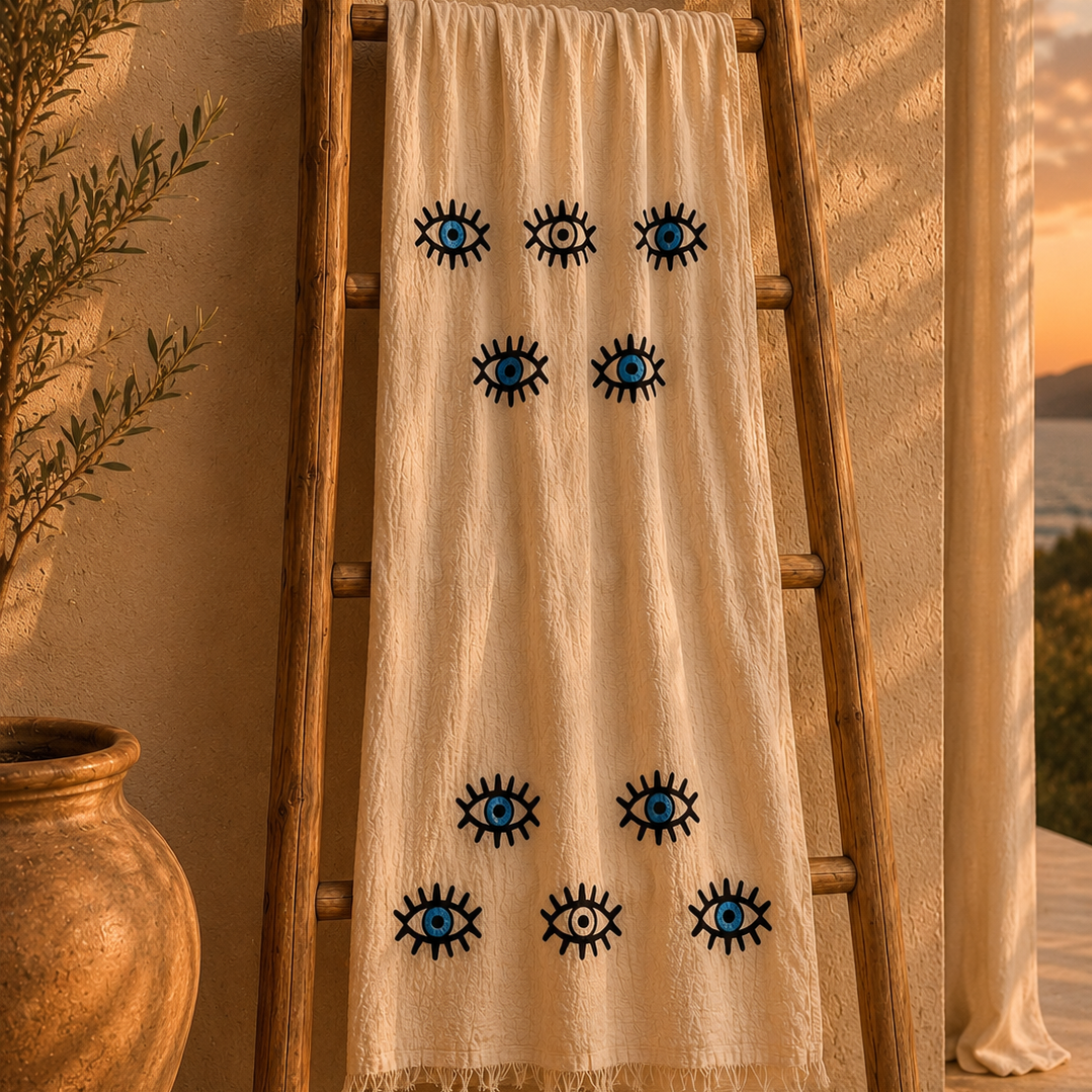 Musselin Strandtuch & Badetuch | Saunatuch | Eye-Motiv | 100% Bio-Baumwolle