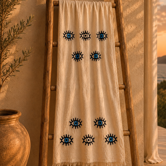 Musselin Strandtuch & Badetuch | Saunatuch | Eye-Motiv | 100% Bio-Baumwolle