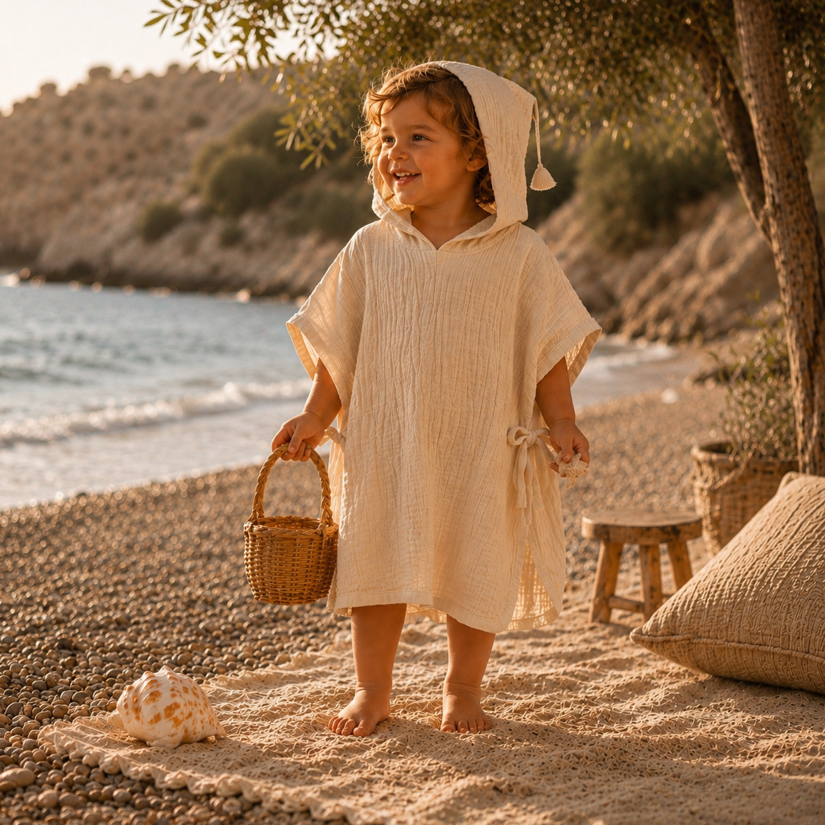 Musselin Poncho Baby & Kinder | Badeponcho Kapuzenponcho | Beige | 100% Bio-Baumwolle