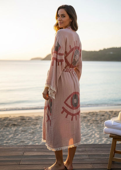 Musselin Bademantel Damen | Kimono Morgenmantel | Terrakotta Rot | 100% Bio-Baumwolle