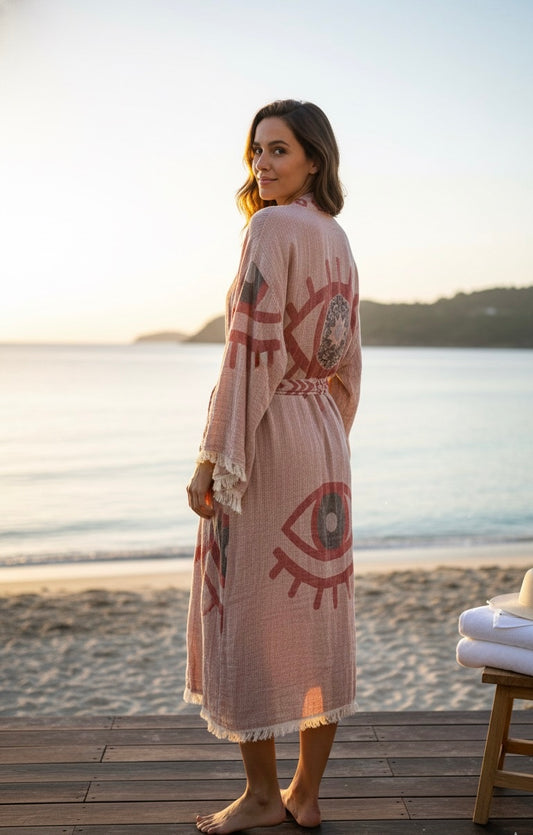 Musselin Bademantel Damen | 100% Bio-Baumwolle | Terrakotta-Rot | Eye-Motiv