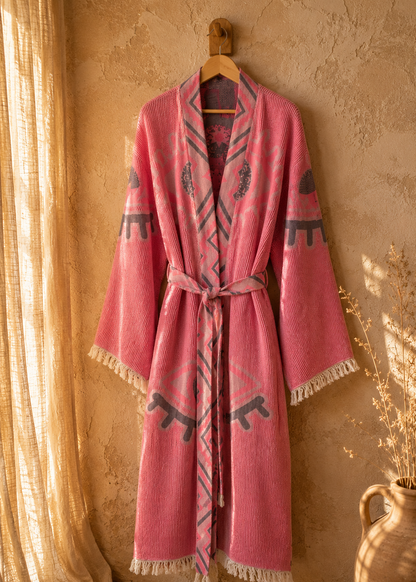 Musselin Bademantel Damen | Kimono Morgenmantel | Hibiskus Rosa | 100% Bio-Baumwolle