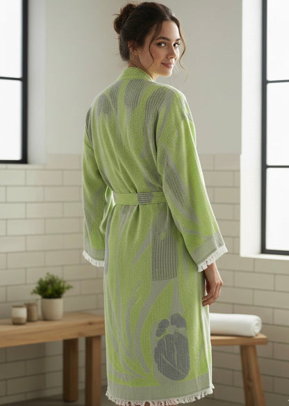 Musselin Bademantel Damen | Kimono Morgenmantel | Limetten Grün | 100% Bio-Baumwolle
