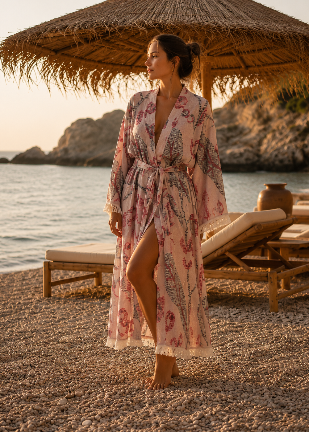 Musselin Bademantel Damen | Kimono Morgenmantel | Beeren Violett | 100% Bio-Baumwolle