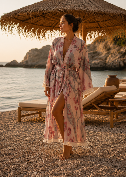 Musselin Bademantel Damen | Kimono Morgenmantel | Beeren Violett | 100% Bio-Baumwolle