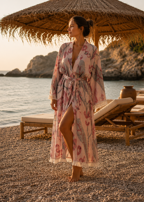 Musselin Bademantel Damen | Kimono Morgenmantel | Beeren Violett | 100% Bio-Baumwolle