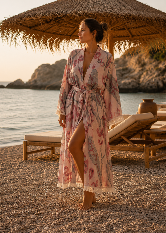 Musselin Bademantel Damen | Kimono Morgenmantel | Beeren Violett | 100% Bio-Baumwolle