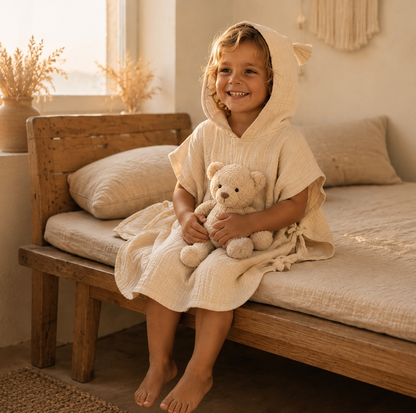 Musselin Poncho Baby & Kinder | Badeponcho Kapuzenponcho | Beige | 100% Bio-Baumwolle