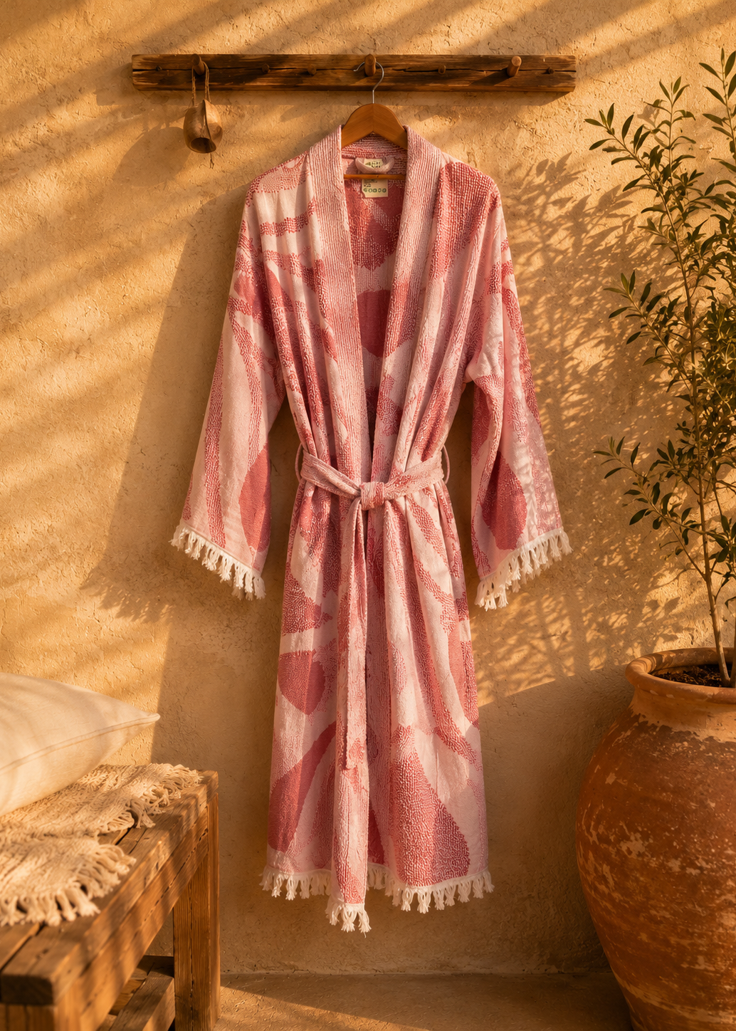 Musselin Bademantel Damen | Kimono Morgenmantel | Palmen Rosa | 100% Bio-Baumwolle