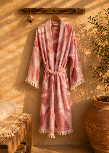 Musselin Bademantel Damen | Kimono Morgenmantel | Palmen Rosa | 100% Bio-Baumwolle