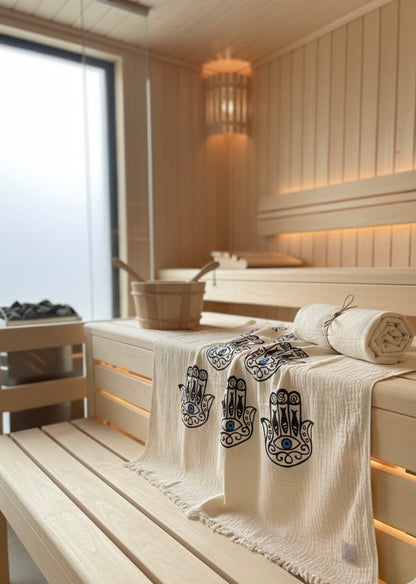 Musselin Sauna- & Strandtuch | 100% Bio-Baumwolle | Hamsa-Motiv