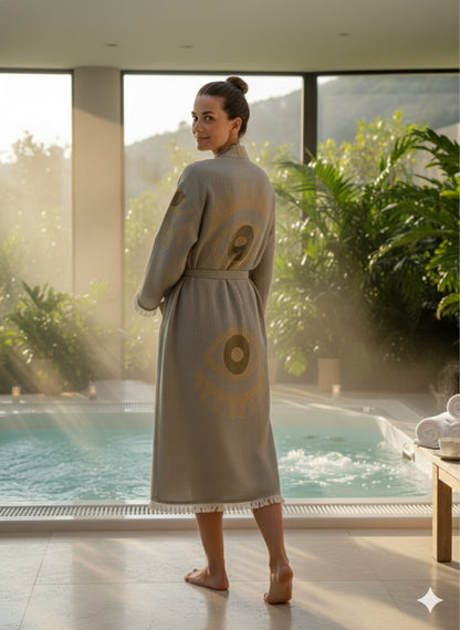 Musselin Bademantel Damen | 100% Bio-Baumwolle | Salbei-Grün | Eye-Motiv