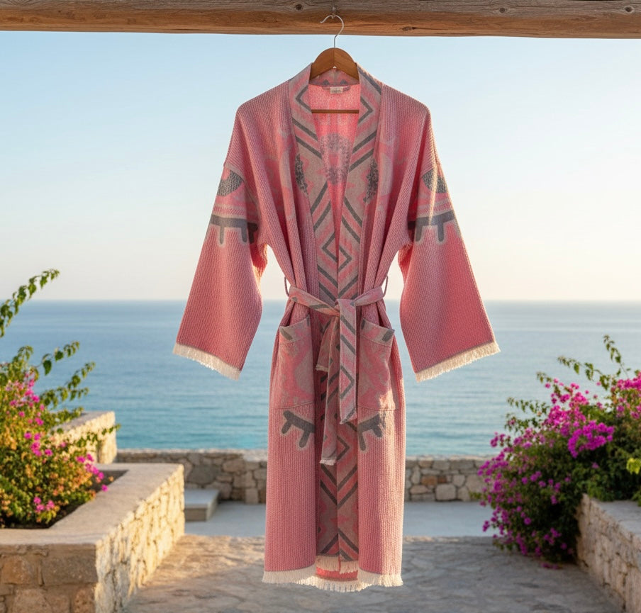 Musselin Bademantel Damen | 100% Bio-Baumwolle | Hibiskus-Rosa | Eye-Motiv