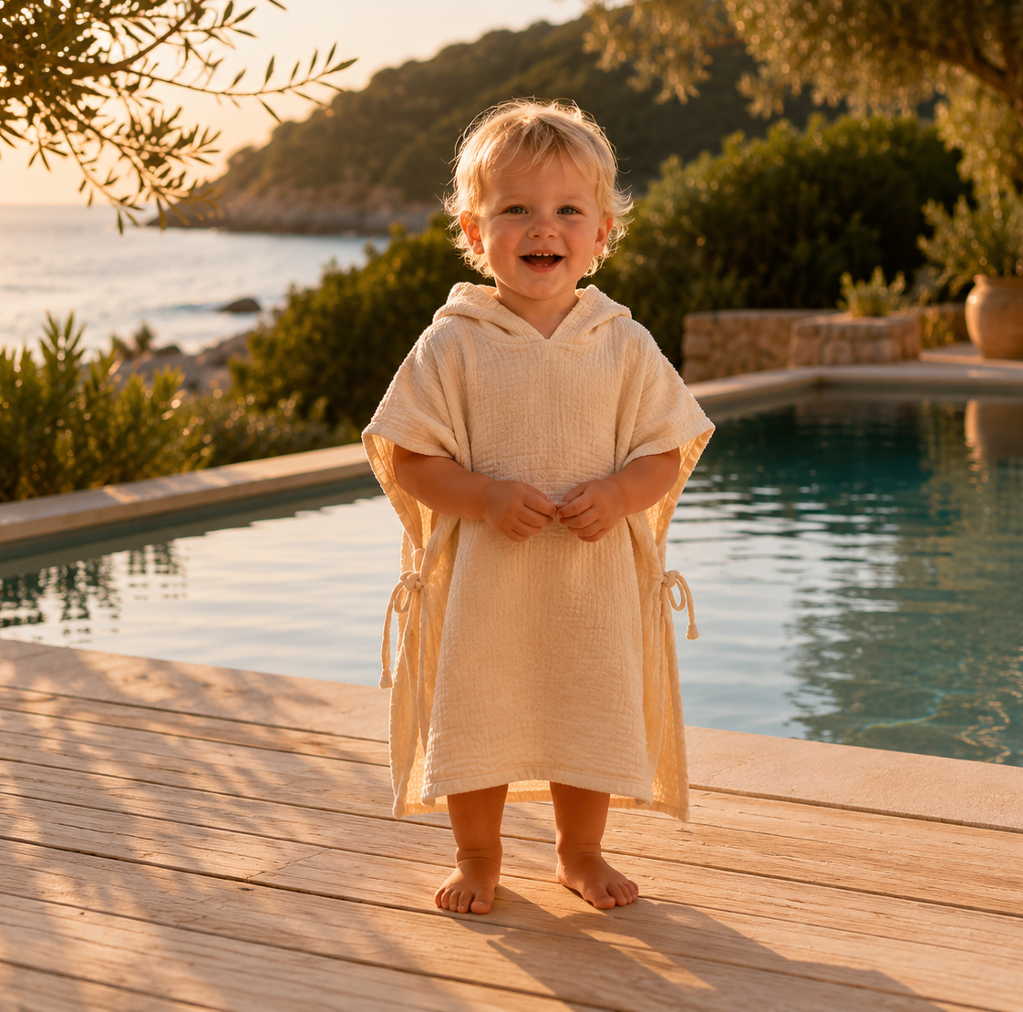 Musselin Poncho Baby & Kinder | Badeponcho Kapuzenponcho | Beige | 100% Bio-Baumwolle
