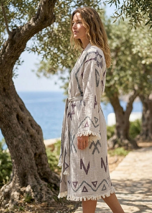 Musselin Bademantel Damen | Kimono Morgenmantel | Sand Grau | 100% Bio-Baumwolle
