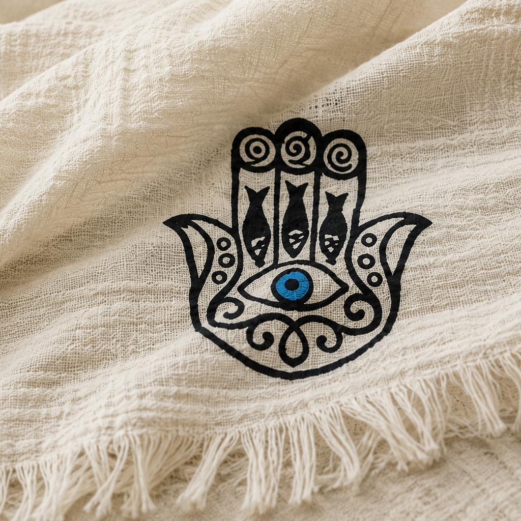 Musselin Strandtuch & Badetuch | Saunatuch | Hamsa-Motiv | 100% Bio-Baumwolle