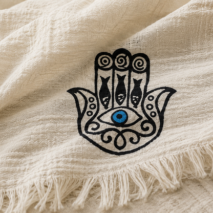 Musselin Strandtuch & Badetuch | Saunatuch | Hamsa-Motiv | 100% Bio-Baumwolle