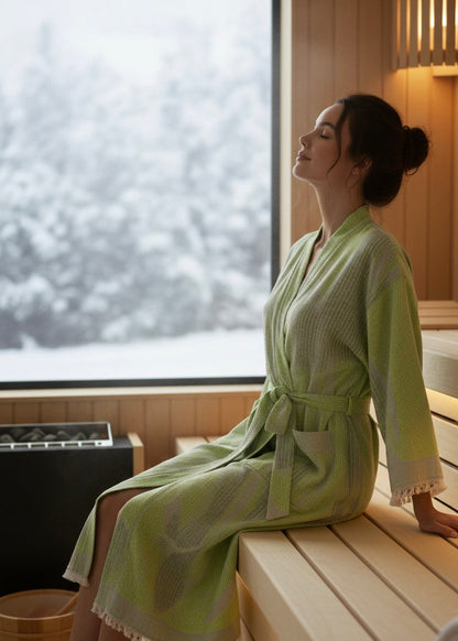 Musselin Bademantel Damen | Kimono Morgenmantel | Limetten Grün | 100% Bio-Baumwolle