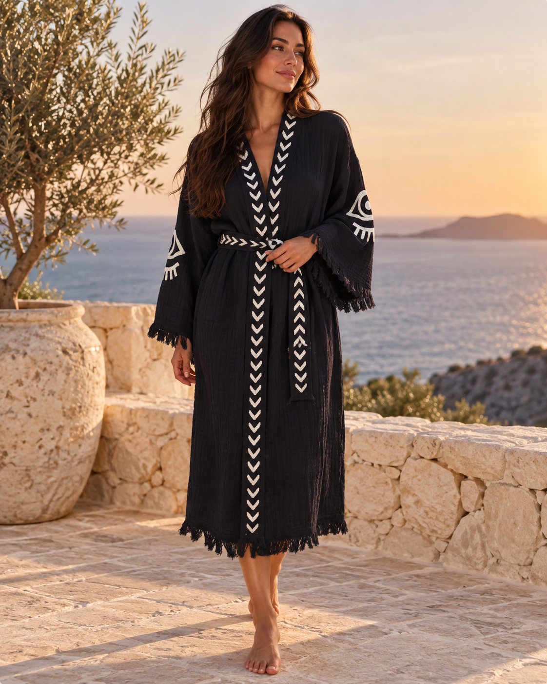 Musselin Kimono Damen Schwarz | Bademantel Morgenmantel | Handbedruckt | Bio-Baumwolle | OEKO-TEX®
