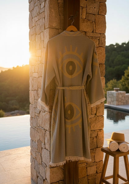 Musselin Bademantel Damen | 100% Bio-Baumwolle | Salbei-Grün | Eye-Motiv