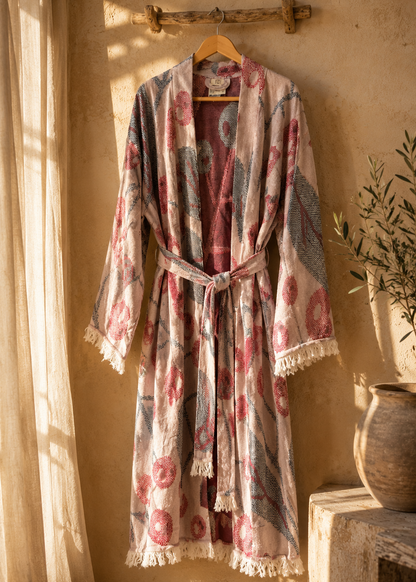 Musselin Bademantel Damen | Kimono Morgenmantel | Beeren Violett | 100% Bio-Baumwolle