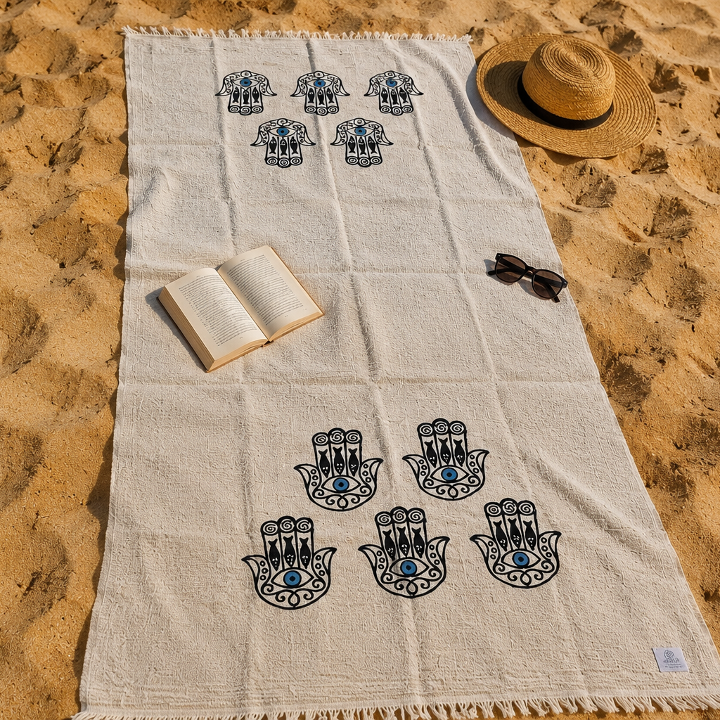 Musselin Strandtuch & Badetuch | Saunatuch | Hamsa-Motiv | 100% Bio-Baumwolle