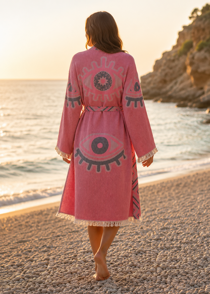 Musselin Bademantel Damen | Kimono Morgenmantel | Hibiskus Rosa | 100% Bio-Baumwolle