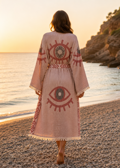 Musselin Bademantel Damen | Kimono Morgenmantel | Terrakotta Rot | 100% Bio-Baumwolle