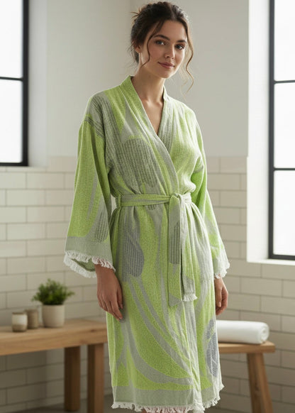 Musselin Bademantel Damen | Kimono Morgenmantel | Limetten Grün | 100% Bio-Baumwolle