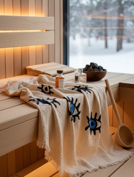 Musselin Sauna- & Strandtuch | 100% Bio-Baumwolle | Eye-Motiv