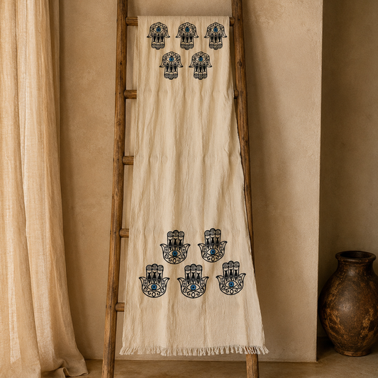 Musselin Strandtuch & Badetuch | Saunatuch | Hamsa-Motiv | 100% Bio-Baumwolle
