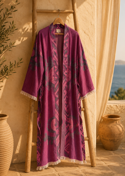 Musselin Bademantel Damen | Kimono Morgenmantel | Cassis Violett | 100% Bio-Baumwolle