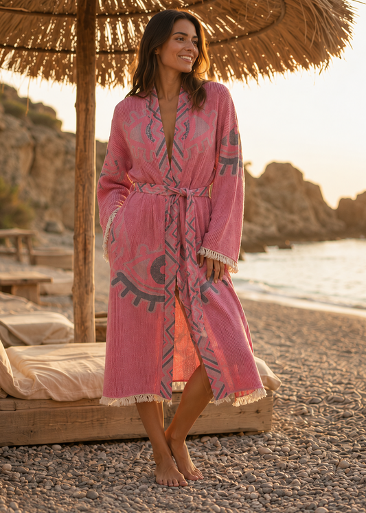 Musselin Bademantel Damen | Kimono Morgenmantel | Hibiskus Rosa | 100% Bio-Baumwolle