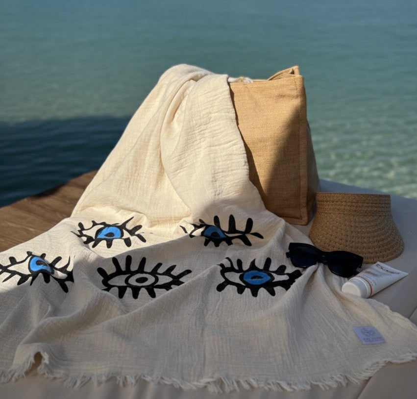Musselin Sauna- & Strandtuch | 100% Bio-Baumwolle | Eye-Motiv