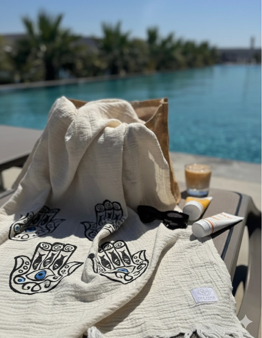 Musselin Sauna- & Strandtuch | 100% Bio-Baumwolle | Hamsa-Motiv