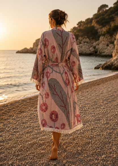 Musselin Bademantel Damen | Kimono Morgenmantel | Beeren Violett | 100% Bio-Baumwolle