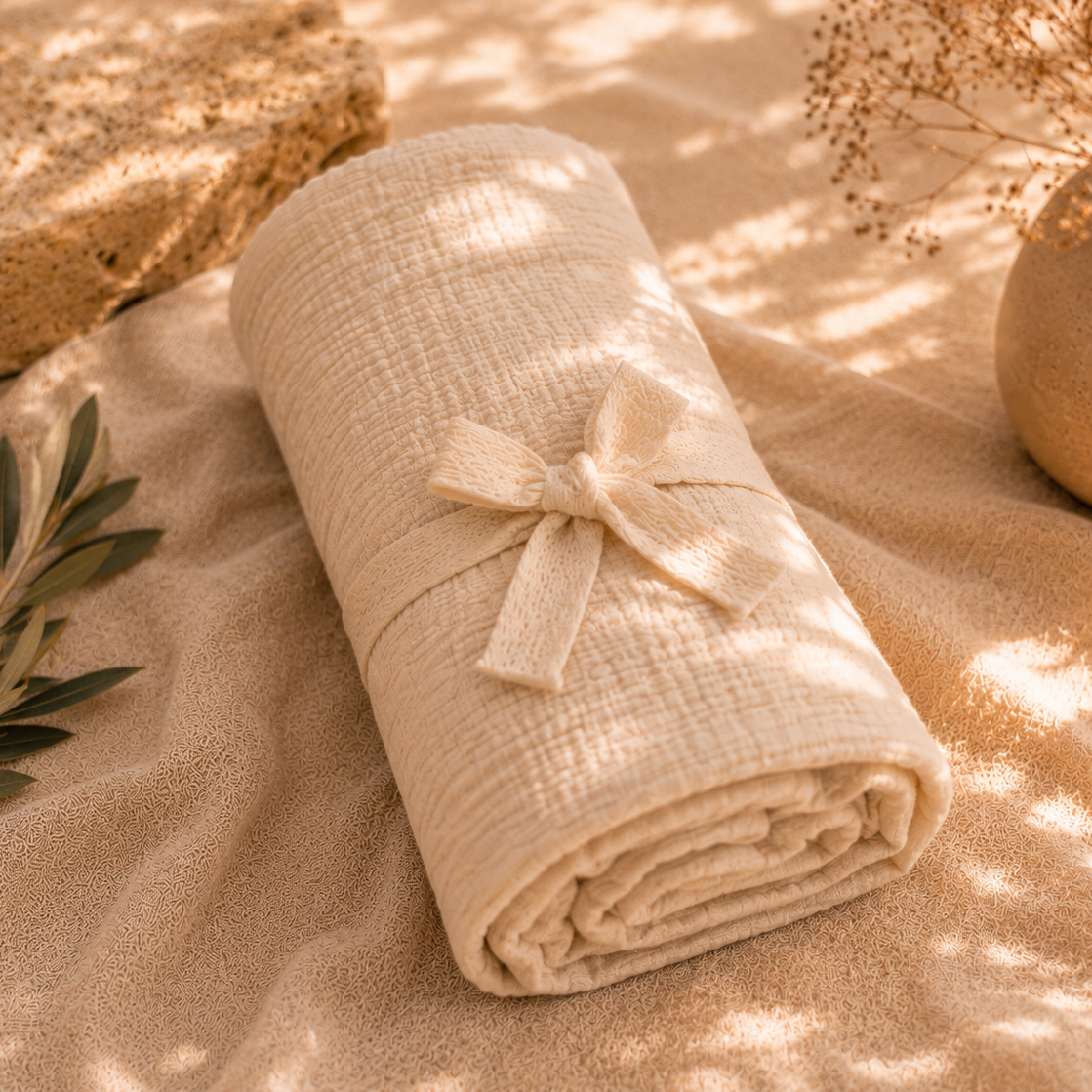 Musselin Babydecke | Kuscheldecke | Kinderwagendecke | Beige | 100 % Bio-Baumwolle