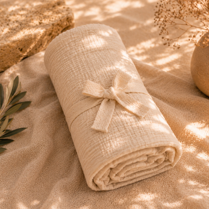 Musselin Babydecke | Kuscheldecke | Kinderwagendecke | Beige | 100 % Bio-Baumwolle