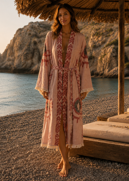 Musselin Bademantel Damen | Kimono Morgenmantel | Terrakotta Rot | 100% Bio-Baumwolle