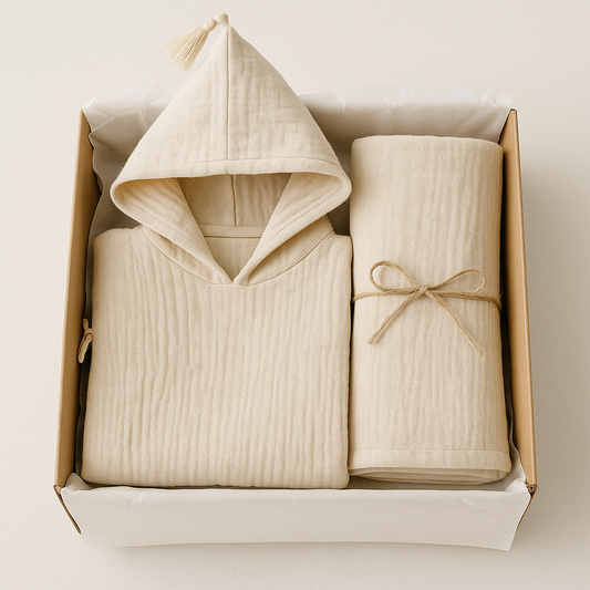 Geschenkset Musselin Babydecke & Poncho | 100% Bio-Baumwolle | Beige