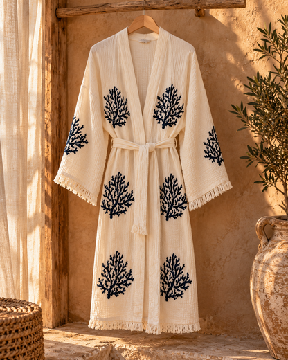Musselin Kimono Damen Natur Creme | Korallen Handdruck | Bademantel Morgenmantel | Bio-Baumwolle | OEKO-TEX®
