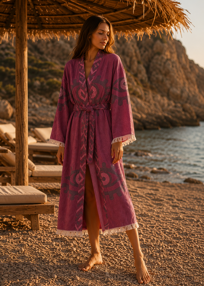 Musselin Bademantel Damen | Kimono Morgenmantel | Cassis Violett | 100% Bio-Baumwolle