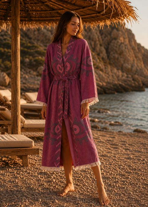 Musselin Bademantel Damen | Kimono Morgenmantel | Cassis Violett | 100% Bio-Baumwolle