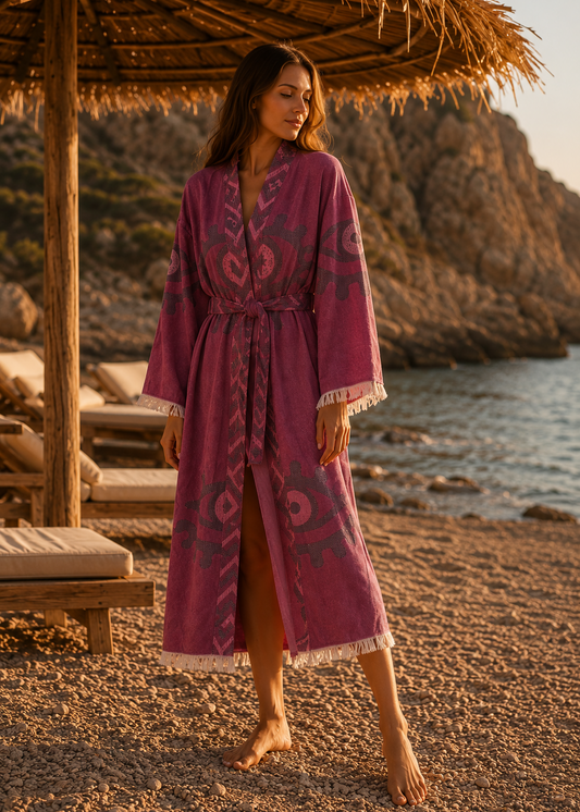Musselin Bademantel Damen | Kimono Morgenmantel | Cassis Violett | 100% Bio-Baumwolle
