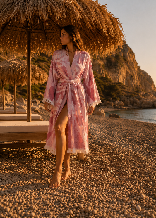 Musselin Bademantel Damen | Kimono Morgenmantel | Palmen Rosa | 100% Bio-Baumwolle