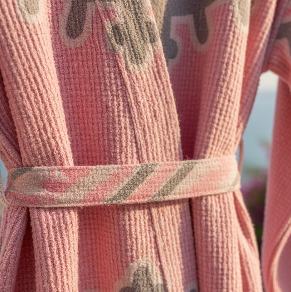 Musselin Bademantel Damen | 100% Bio-Baumwolle | Hibiskus-Rosa | Eye-Motiv